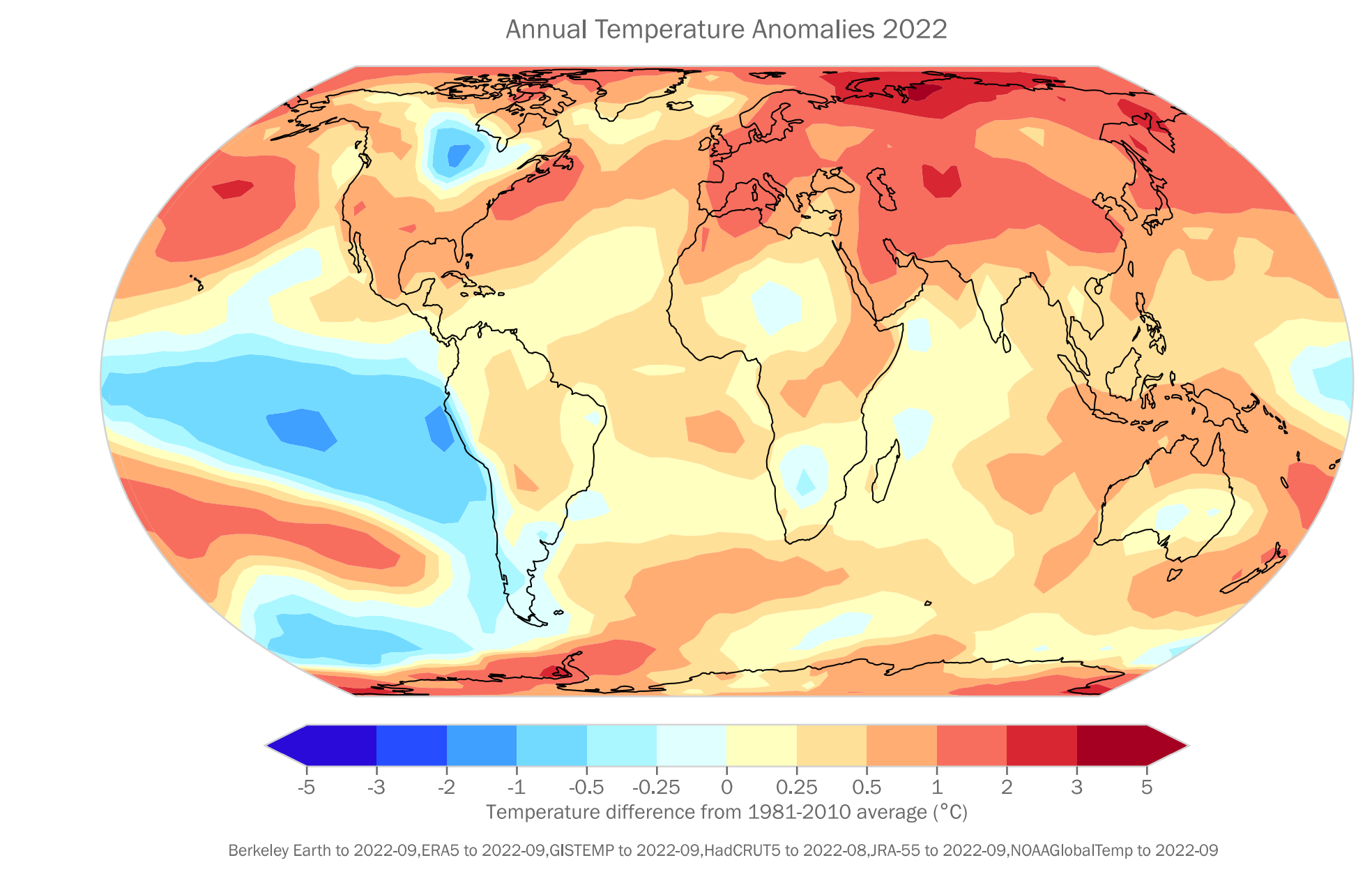 Near-surface temperature differences relative to the 1981–2010 average for 2022 to September. The map shows the median anomaly calculated from six data sets: HadCRUT5, ERA5, JRA-55, GISTEMP, NOAAGlobalTemp, and Berkeley Earth. Graphic: WMO