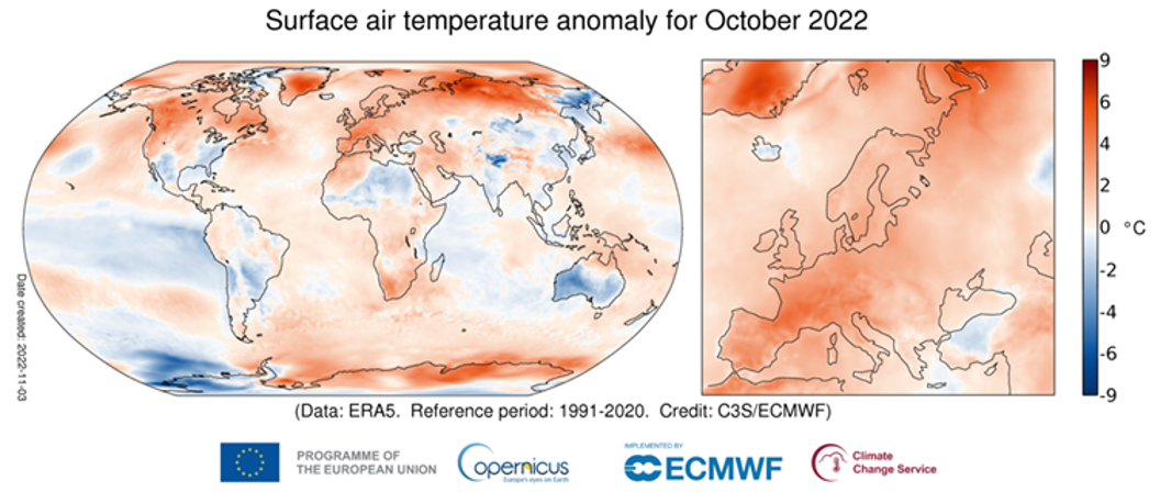 Surface air temperature anomaly for October 2022 relative to the October average for the period 1991-2020. Data: ERA5. Graphic: Copernicus Climate Change Service / ECMWF