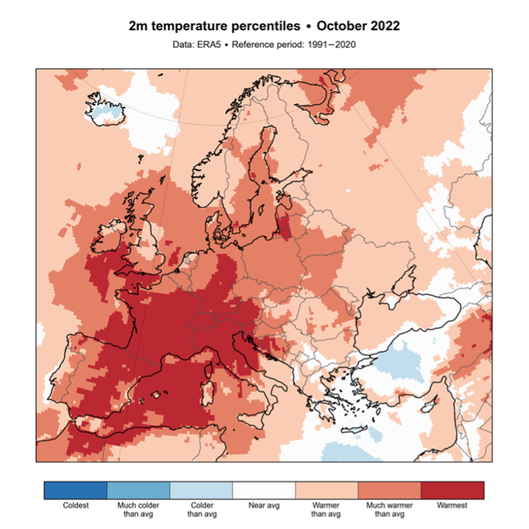 Average near-surface air temperature percentiles for October 2022. Colour categories refer to the percentiles of the temperature distribution as calculated from the 1991–2020 reference period. The “warmest” category refers to the period 1979-2022. Graphic: Copernicus Climate Change Service / ECMWF