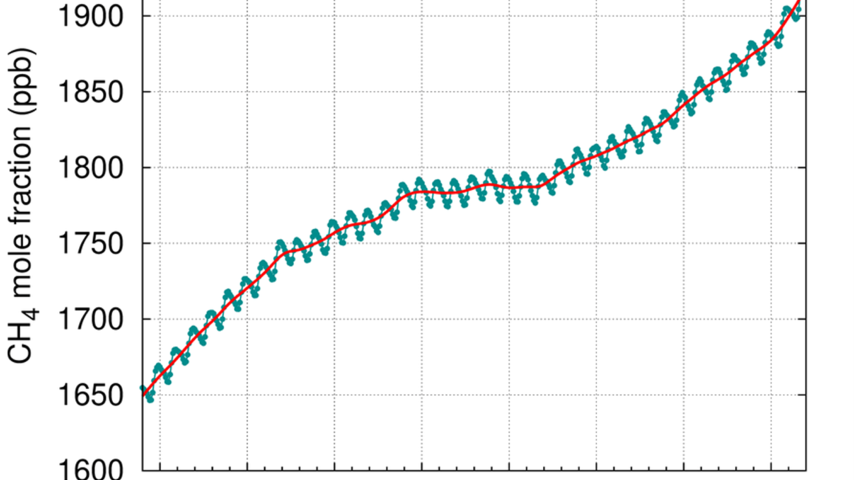 Mole fraction of atmospheric methane (CH4), 1984-2021. Graphic: WMO