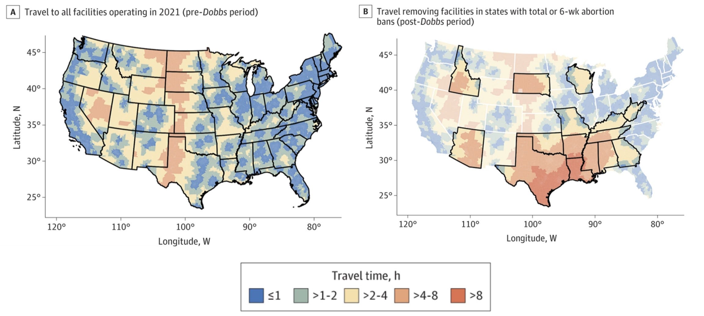 Travel time to nearest U.S. abortion facility before and after the Dobbs v Jackson Women’s Health U.S. Supreme Court decision. Rader, et al., 2022 / JAMA Network
