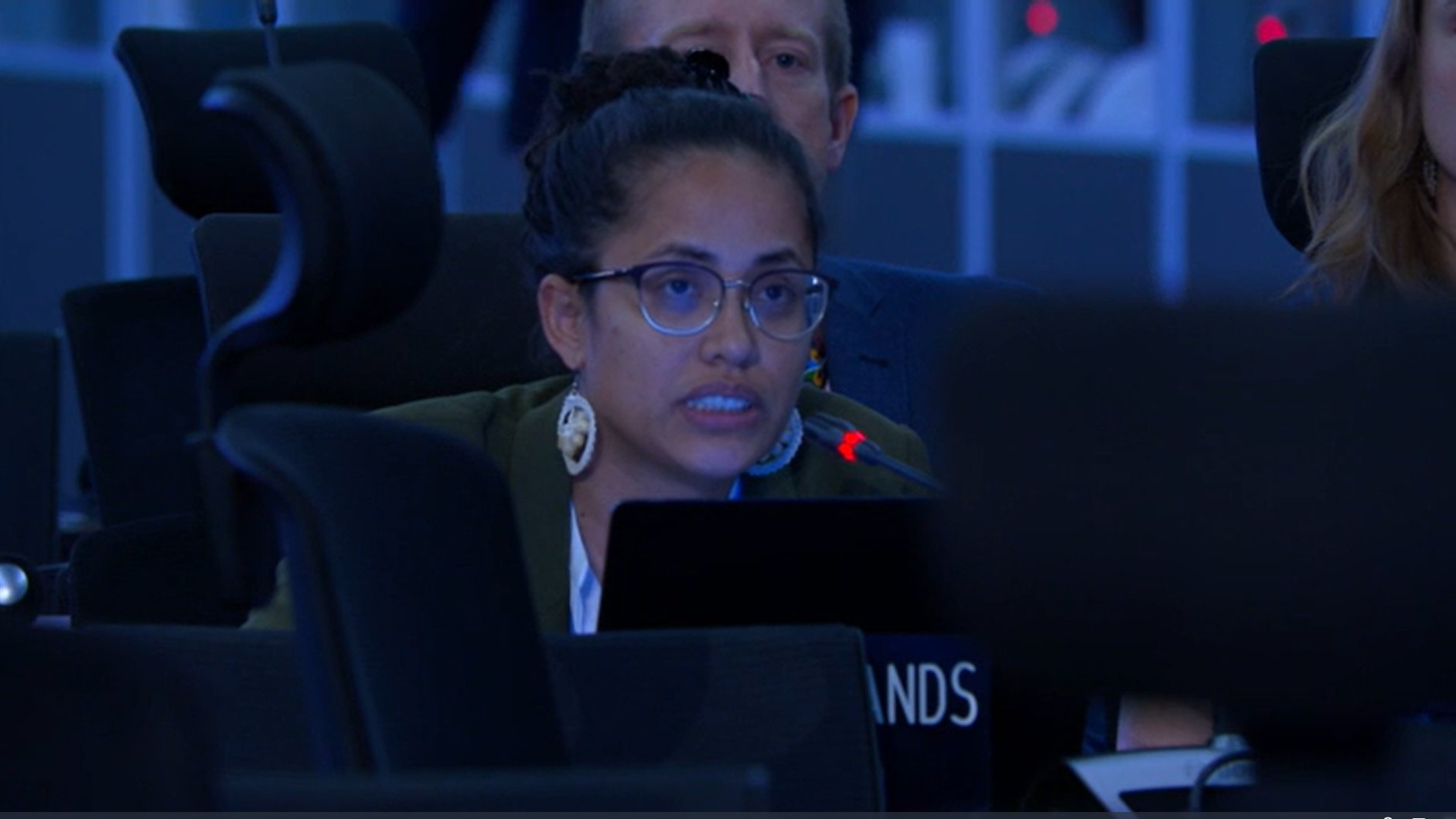 Kathy Jetn̄il-Kijiner at the COP27 conference, 19 November 2022. On behalf of The Republic of the Marshall Island (RMI) at the Closing Plenary of COP27, she said, “This is huge progress, but we are also not doing enough to reduce the loss and damage that will affect us in the future. We must phase out fossil fuels and we must do so now.”. Photo: Loss and Damage Collaboration / Twitter 