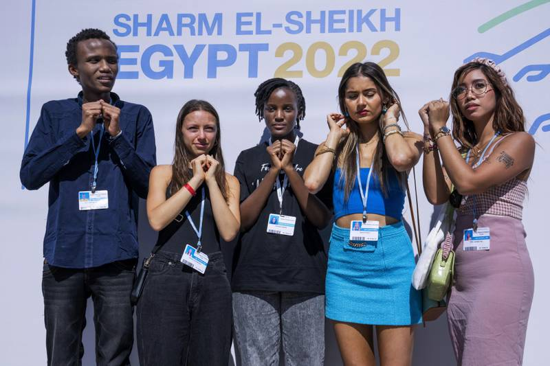 Youth climate activists at the UNFCCC COP27 climate conference in Sharm el-Sheikh, Egypt. Pictured, from the left, Eric Njuguna of Kenya, Nicole Becker of Argentina, Vanessa Nakate of Uganda, Sophia Kianni from Iran, and Mitzi Jonelle Tan of the Philippines. Photo: AP