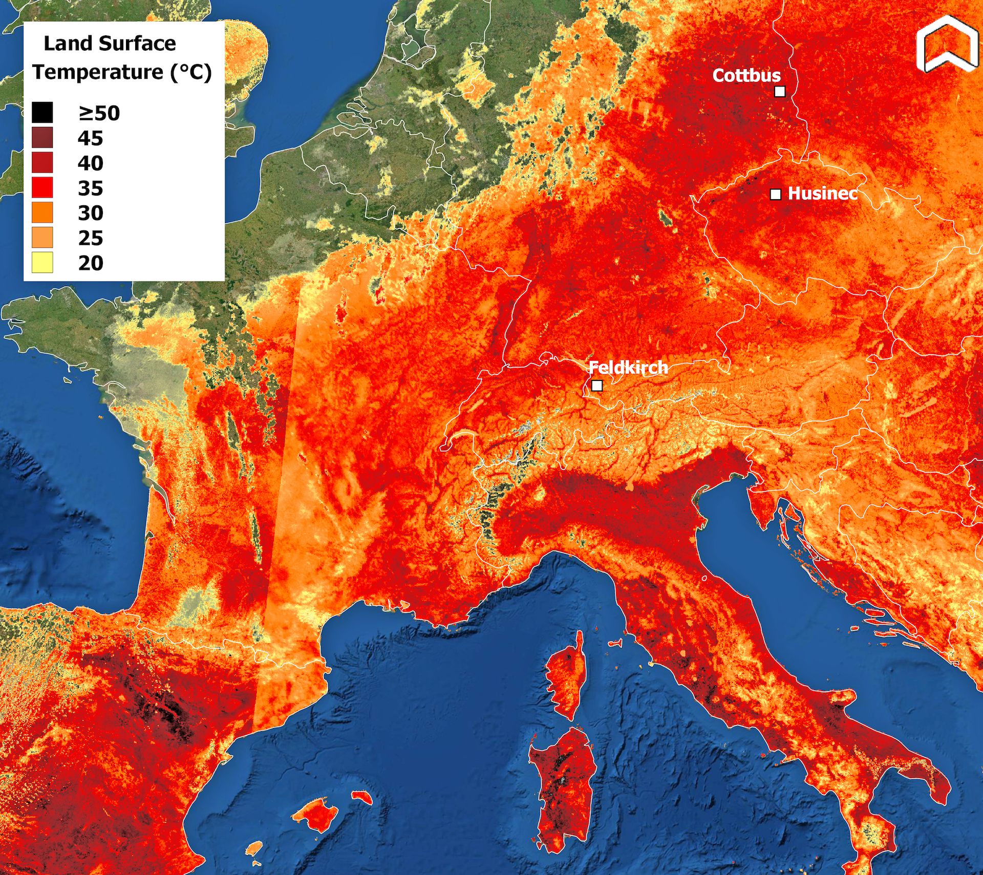 Land surface temperatures in Europe detected by the Sentinel-3A and Sentinel-3B satellites on 19 June 2022. Graphic: Platform Adam