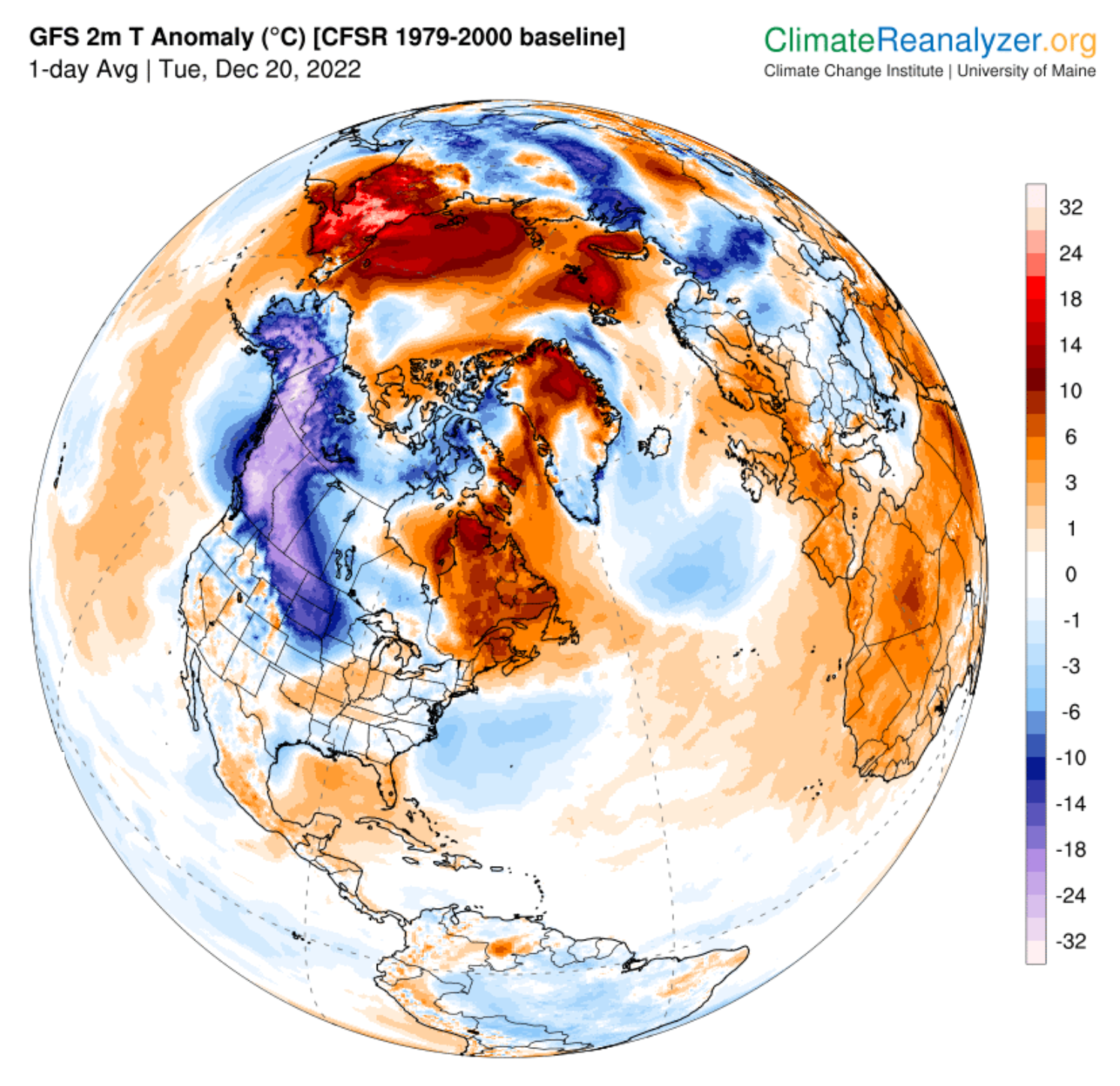Map showing GFS 2m Temperature Anomaly for 20 December 2022. Much of the Arctic in December 2022 experienced a burst of freak warming. Graphic: Climate Reanalyzer