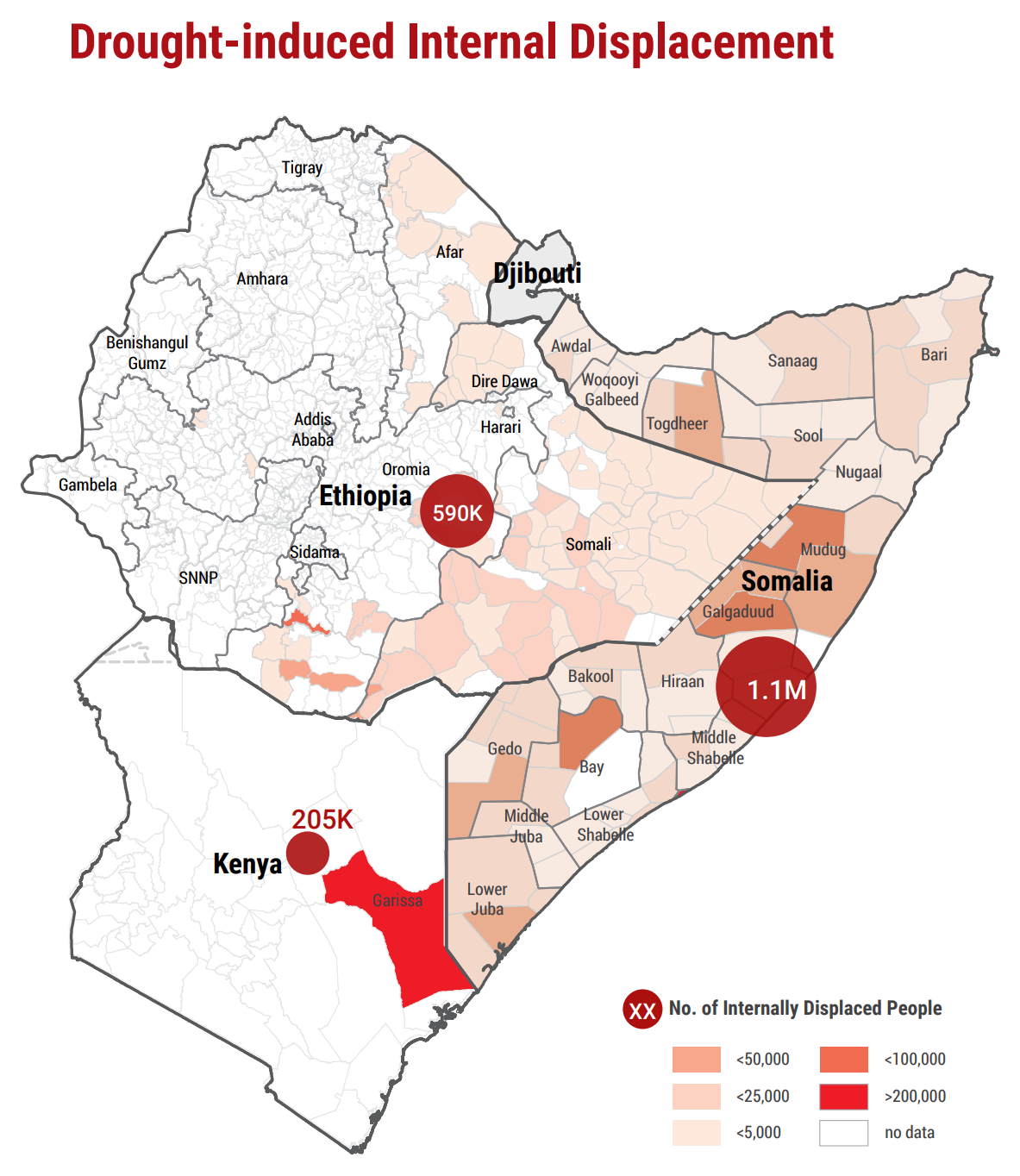 Map showing drought-induced internal displacement in the Horn of Africa in November 2022. Families are taking desperate measures to survive, with more than 2 million people leaving their homes in search of food, pasture, water and alternative livelihoods, increasing the risk of inter-communal conflict, as well as heightening pressure on already limited basic services. Since January 2021, about 1.27 million people in Somalia have been displaced: some have migrated to near-by towns, joining existing camps for internally displaced people, while others have crossed borders seeking support or traversed dangerous distances controlled by armed groups and contaminated with explosives in search of work or humanitarian assistance. Graphic: OCHA