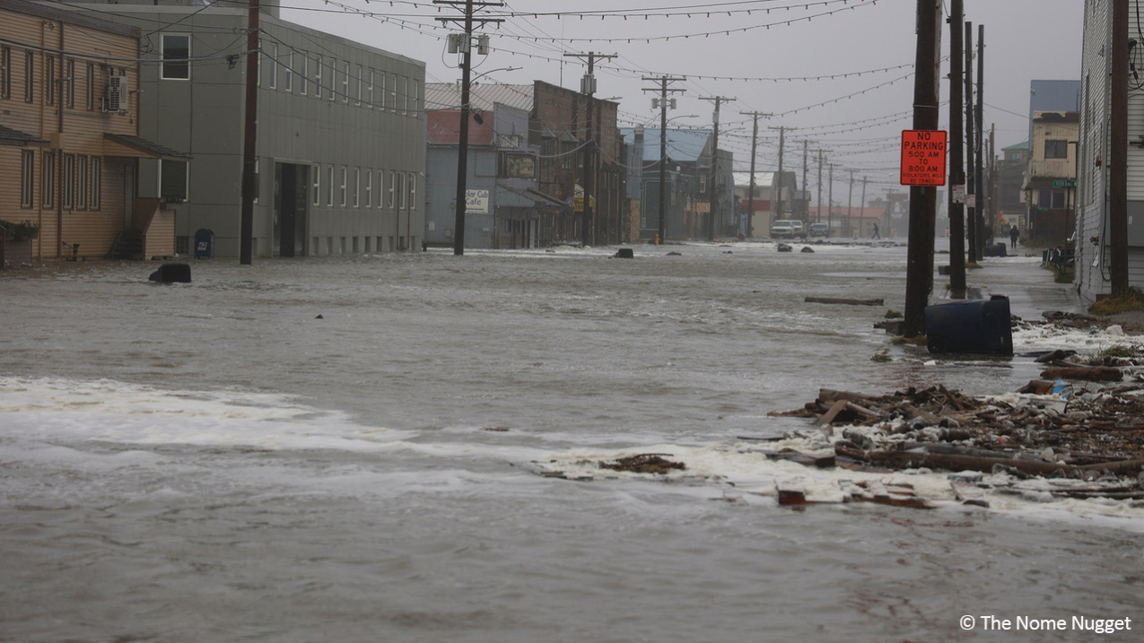 Much of Front Street in Nome, Alaska was underwater on Saturday, 17 September 2022, as the destructive remnants of Typhoon Merbok lashed Nome and many other western Alaska coastal communities. Photo: The Nome Nugget