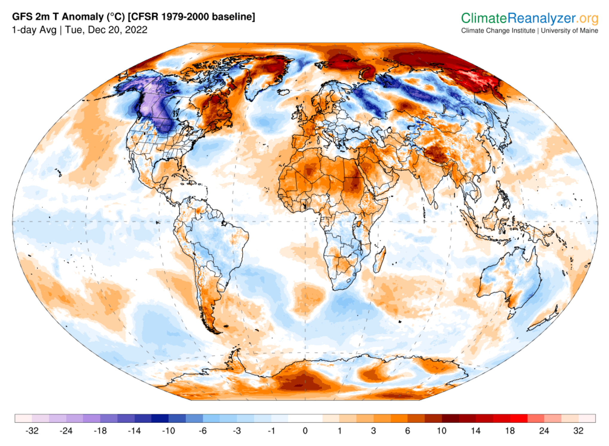 World map showing GFS 2m Temperature Anomaly for 20 December 2022. Much of the Arctic in December 2022 experienced a burst of freak warming. Graphic: Climate Reanalyzer 
