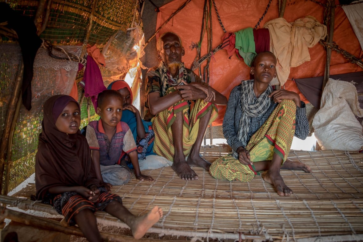 60-year-old Abdullahi Hassan watches over four of his grandchildren in a shelter where he and his family of eight lives and sleep in November 2022. The shelter is located in a camp for the displaced on the outskirts of Luuq, Somalia. They had been at the camp for two weeks, having left home when rain didn't come and all their livestock was wiped out. Photo: Lily Martin / CBC
