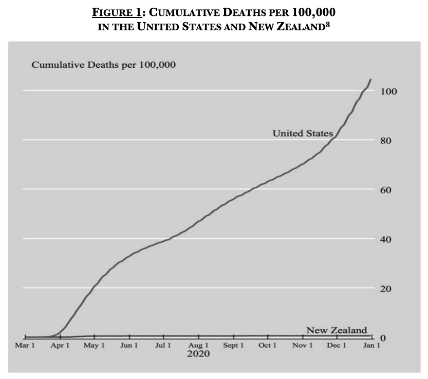 Cumulative COVID-19 deaths in the U.S. and New Zealand in 2020. By virtually any measure, New Zealand's government passed its COVID-19 test with high honors, while the U.S. failed by comparison. New Zealand, with a population of 5.1 million, experienced only about 2,000 cases with 25 total deaths from the onset of the crisis through 31 December 2020 (the equivalent in population percentage terms to roughly 127,000 American cases and 1,625 American deaths). Graphic: Richard Parker / University of Connecticut School of Law
