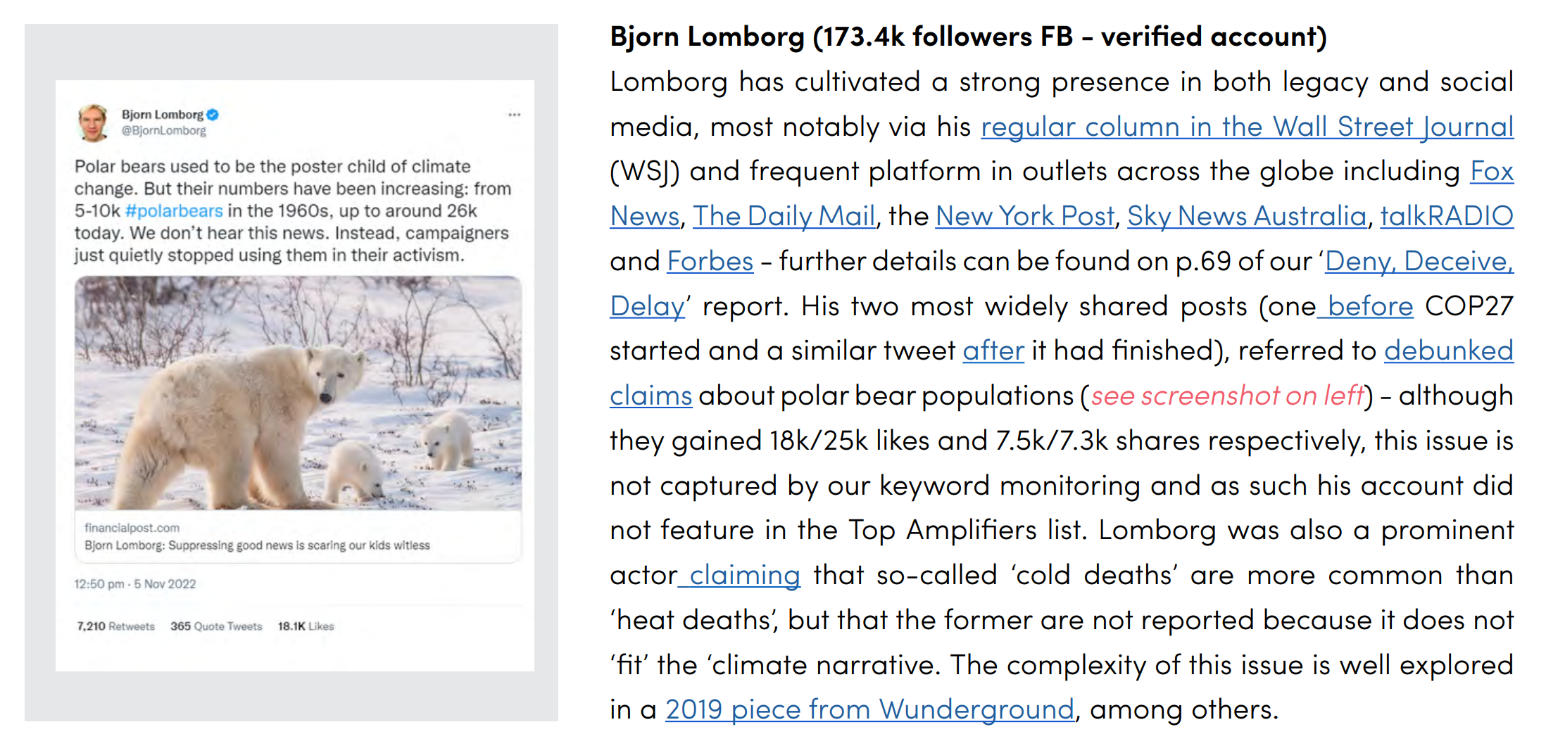Disinformation about polar bears from climate change denialist Bjorn Lomborg, posted on Twitter on 5 November 2022. Graphic: Climate Action Against Disinformation