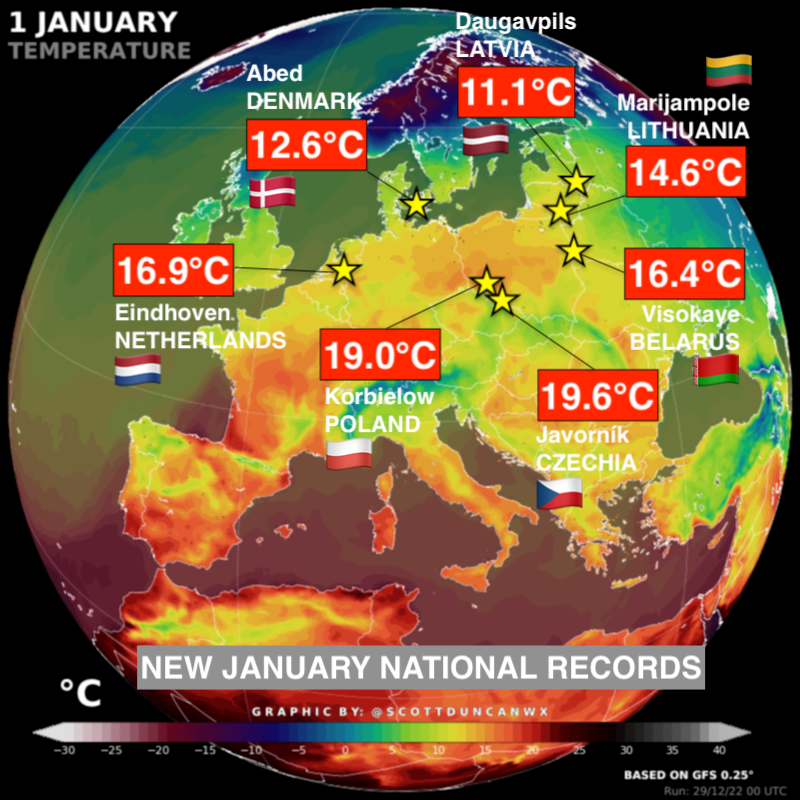 January temperature records in Europe on 1 January 2023. Graphic: Scott Duncan WX