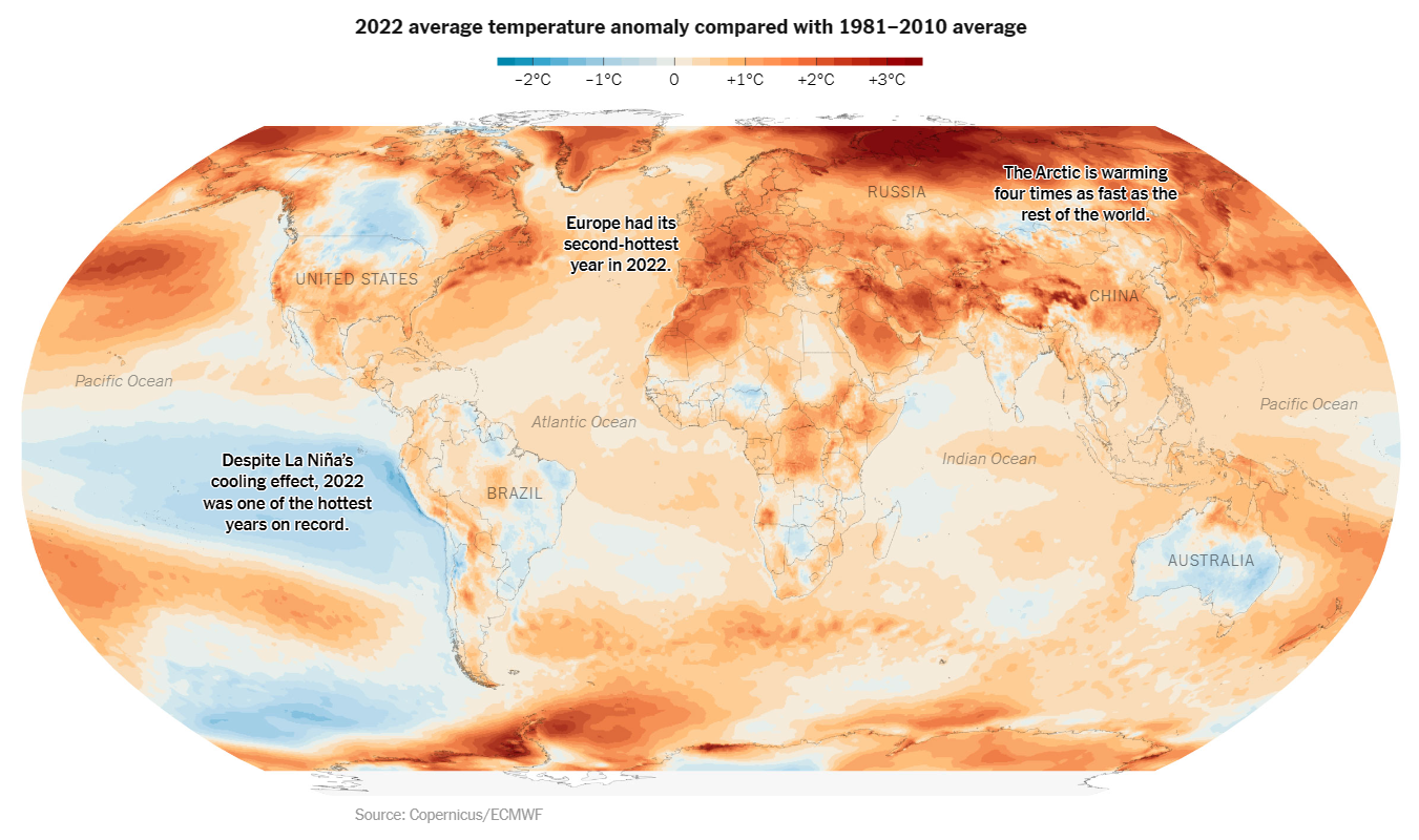 Map showing 2022 average surface temperature anomaly compared with the 1981-2010 average. Data: Copernicus / ECMWF. Graphic: The New York Times