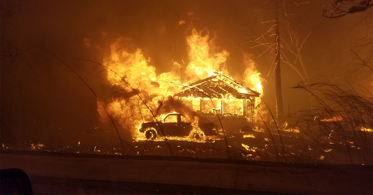 A home and a pickup truck are incinerated in the Camp Fire in California. The Camp Fire wildfire in 2018 burned a total of 239 square miles, destroyed 18,804 structures and killed 85 people. Researchers say it also produced lingering brain trauma in some of those exposed to the deadliest and most destructive wildfire in California history. Photo: NIST