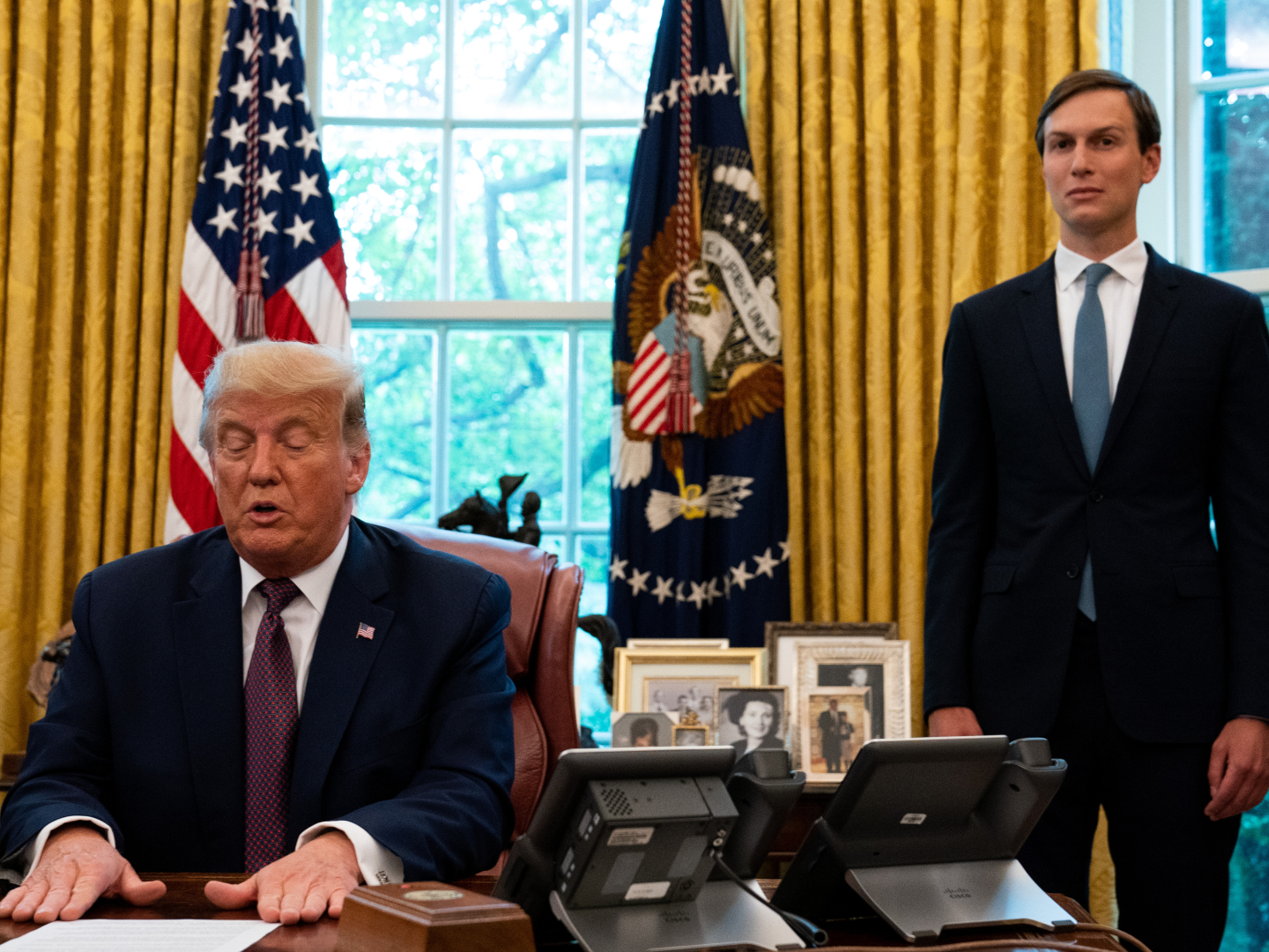Donald Trump and Jared Kushner in the Oval Office. Photo: Anna Moneymaker / Pool / CNP / Newscom / The Mega Agency