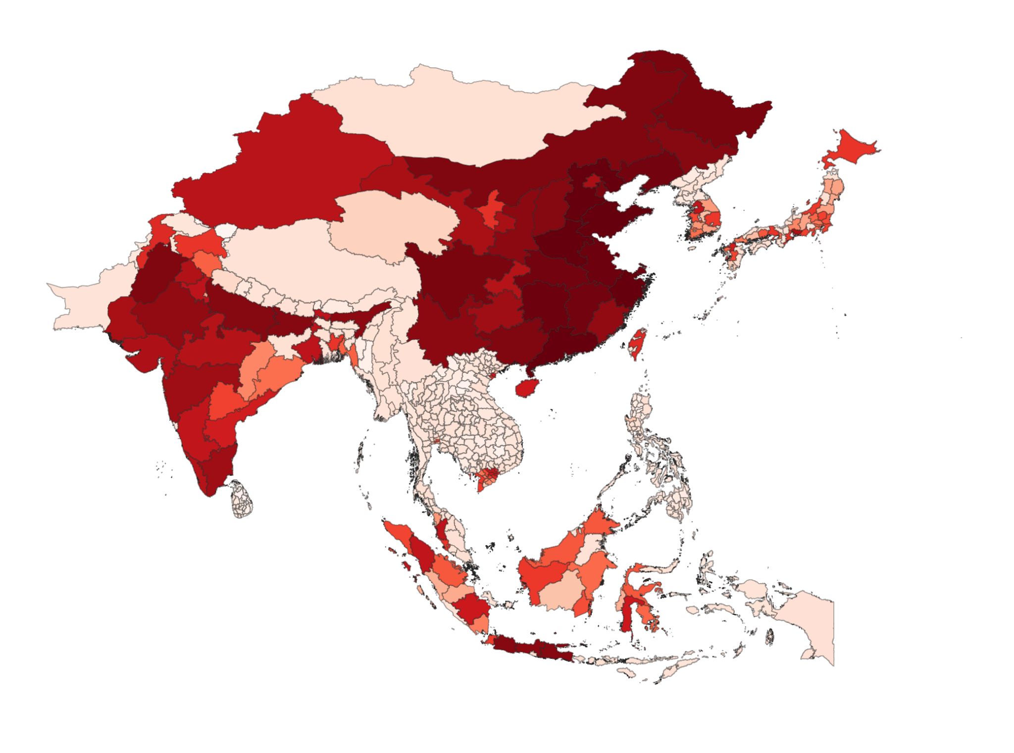 Climate risk in Asia as an Aggregated Damage Ratio, projected to the year 2050. Asia dominates the list of provinces at risk by Aggregated Damage Ratio, with more than half (114) of the top 200 in 2050 in this region. More than a quarter (54) of these are in East Asia: 29 in China, 20 in Japan and 4 in South Korea. 36 of the top 200 are in Southeast Asia, notably Vietnam and Indonesia. South Asia has 24 of the top 200. After China, India has the highest number of states in the top 50 (9), with Punjab, Bihar, Uttar Pradesh and Assam ranking highest. Pakistan also has multiple provinces in the top 100, including Sindh province. Devastating flooding between June and August 2022 affected 30 per cent of the area of Pakistan and has partially or fully damaged more than 900,000 houses in Sindh province. East Asia and Southeast Asia see the greatest increase in Average Damage between 1990 and 2050, and China in particular has many provinces with the greatest overall Aggregated Damage Ratio. This increase and overall risk to the built environment in 2050 is driven predominately by sea level rise and secondarily by flooding risk” in the Asia section should read “by flooding and coastal inundation. The analysis highlights the vulnerability of major cities in East Asia and Southeast Asia including Jakarta, Beijing, Hồ Chí Minh City, and Taiwan. Graphic: XDI