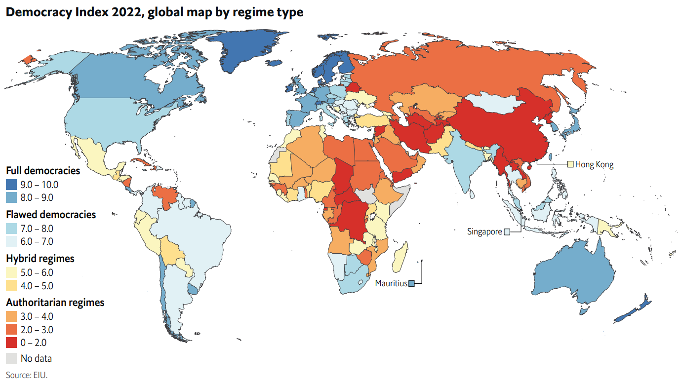 EIU Democracy Index 2022, global map by regime type. The average global index score stagnated in 2022. Despite expectations of a rebound after the lifting of pandemic-related restrictions, the score was almost unchanged, at 5.29 (on a 0-10 scale), compared with 5.28 in 2021. The positive effect of the restoration of individual freedoms was cancelled out by negative developments globally. The scores of more than half of the countries measured by the index either stagnated or declined. Western Europe was a positive outlier, being the only region whose score returned to pre-pandemic levels. Graphic: EIU
