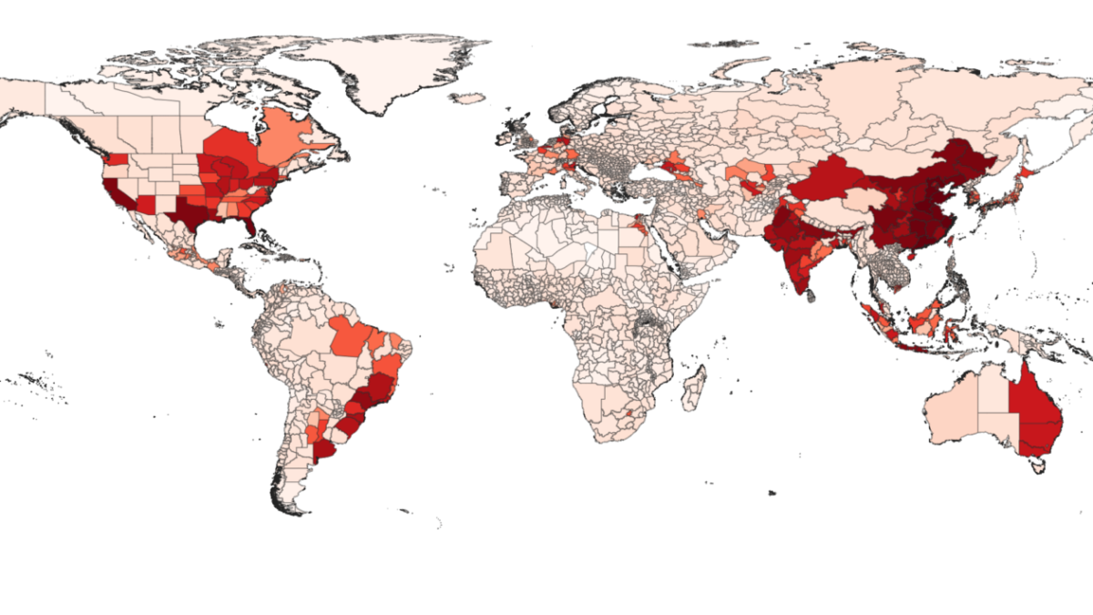 Map showing global climate risk as an Aggregated Damage Ratio, projected to the year 2050. Graphic: XDI