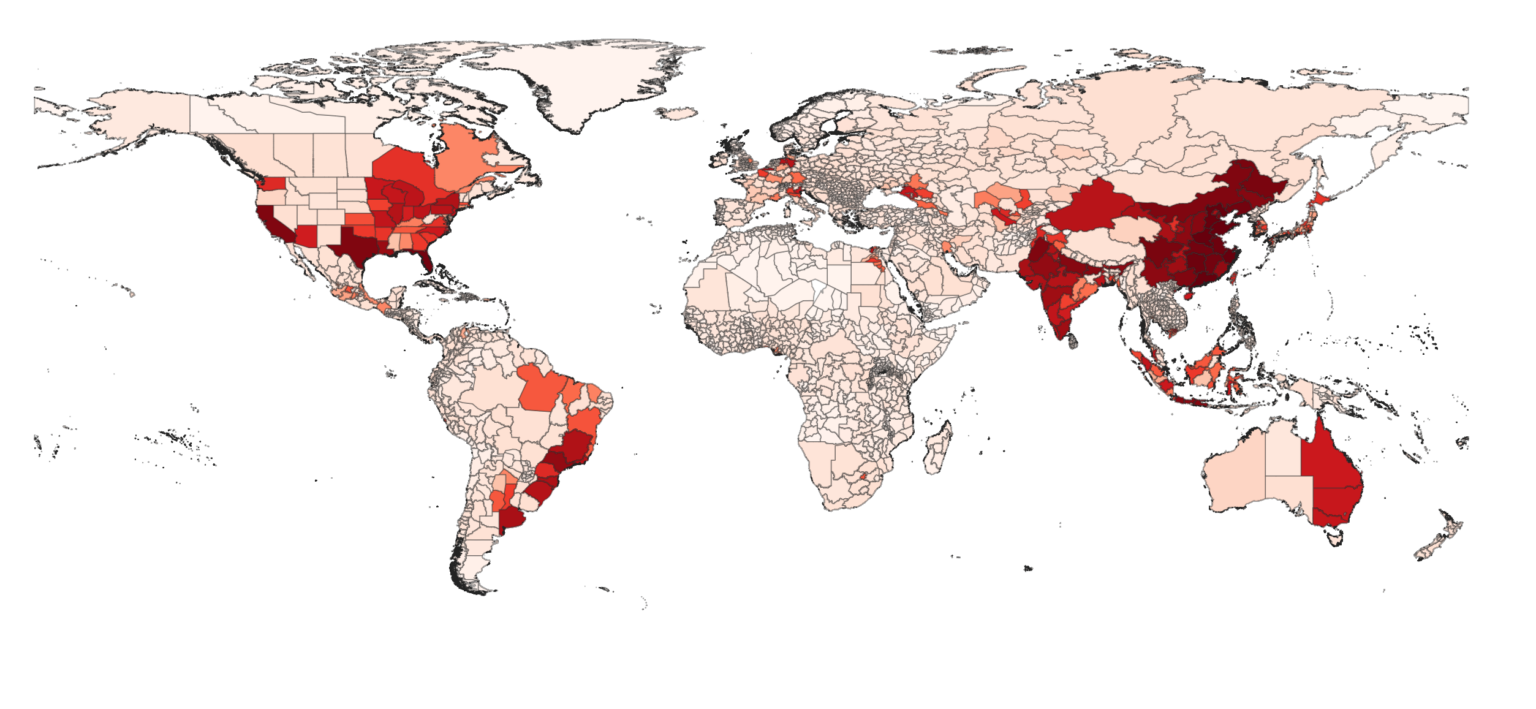 Map showing global climate risk as an Aggregated Damage Ratio, projected to the year 2050. Graphic: XDI