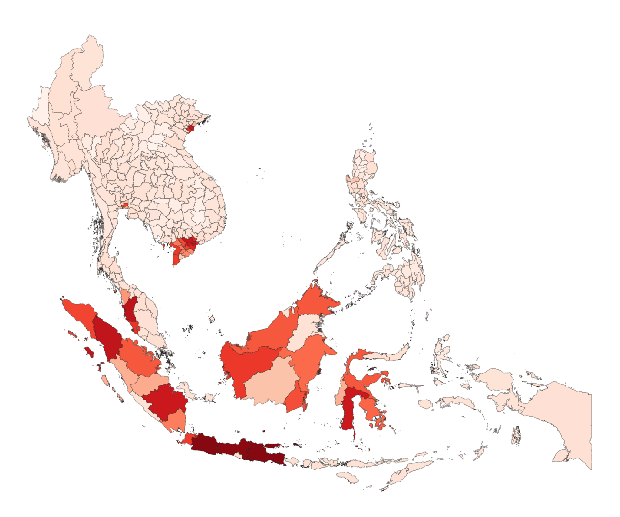 Climate risk in Southeast Asia as an Aggregated Damage Ratio, projected to the year 2050. A focus on Aggregated Damage Ratio foregrounds large states and provinces with extensive built-up areas. Other parts of Southeast Asia rank among the highest in the world both for Average Damage Ratio and for the increase in damage from 1990 to 2050. There are a number of provinces that rank high for both Aggregated and Average Damage Ratios in 2050. Many of these are in Vietnam, including Ho Chi Minh City and Mekong Delta provinces like Long An, Vĩnh Long, Bến Tre, and Tiền Giang. The Mekong Delta is less than two metres above sea level on average, is home to 17 million people and produces most of Vietnam’s food. Other Southeast Asian provinces that rank high for both Aggregated and Average Damage Ratio include Jakarta, West Kalimantan (Kalimantan Barat) and Southern Sumatra (Sumatra Selatan). Southeast Asia experiences the greatest escalation in damage from 1990 to 2050. Among the places experiencing the highest percentage increases in damage to 2050 are islands in Mindanao in the Philippines, including the Sulu Archipelago, Tawi-Tawi and Camiguin. Graphic: XDI