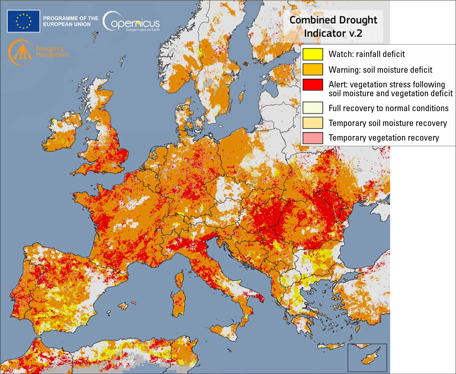 Map showing the Copernicus Emergency Management Service Combined Drought Indicator for 1-10 August 2022. Yellow areas are under a “watch” state indicating a rainfall deficit, orange areas are under a “warning” state indicating a soil moisture deficit and red areas are under an “alert” state indicating vegetation stress following soil moisture and rainfall deficits. Source: https://edo.jrc.ec.europa.eu/documents/news/GDO-EDODroughtNews202208_Europe.pdf. Graphic: Copernicus Emergency Management Service
