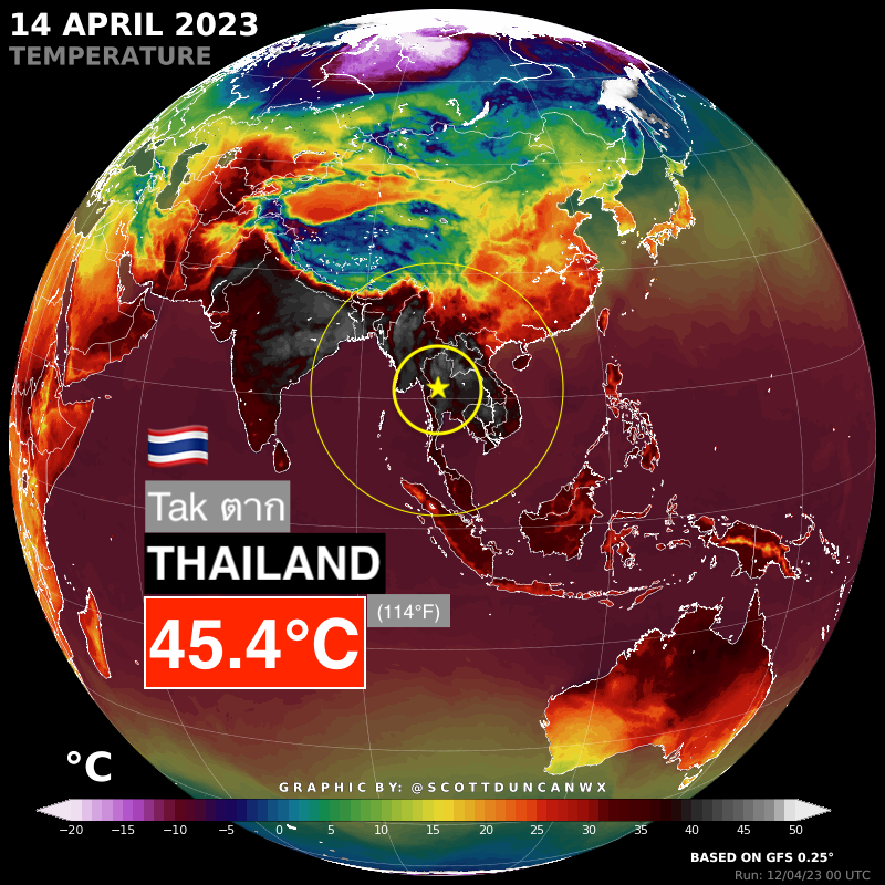 Map showing temperatures in Asia on 14 April 2023. Graphic: Scott Duncan WX