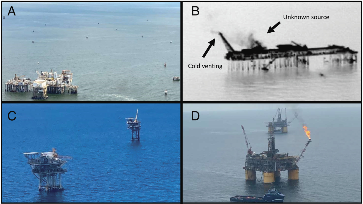 Images taken of offshore oil and gas production facilities. (A) Small satellite facilities around a central hub facility. (B) Forward-looking infrared (FLIR) camera imagery of hydrocarbon emissions from a central hub facility. Two sources are identified: cold venting and an unknown piece of equipment. (C) Other shallow water facilities. (D) Deep water facilities with flaring. Graphic: Negron, et al., 2023 / PNAS