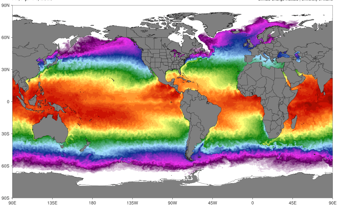 World map showing sea surface temperatures as of 14 April 2023, with warm colors indicating higher temperatures. Ocean surface temperatures hit an all-time high in April 2023, breaking every record since satellite measurements began in the 1980s. Graphic: ClimateReanalyzer.org