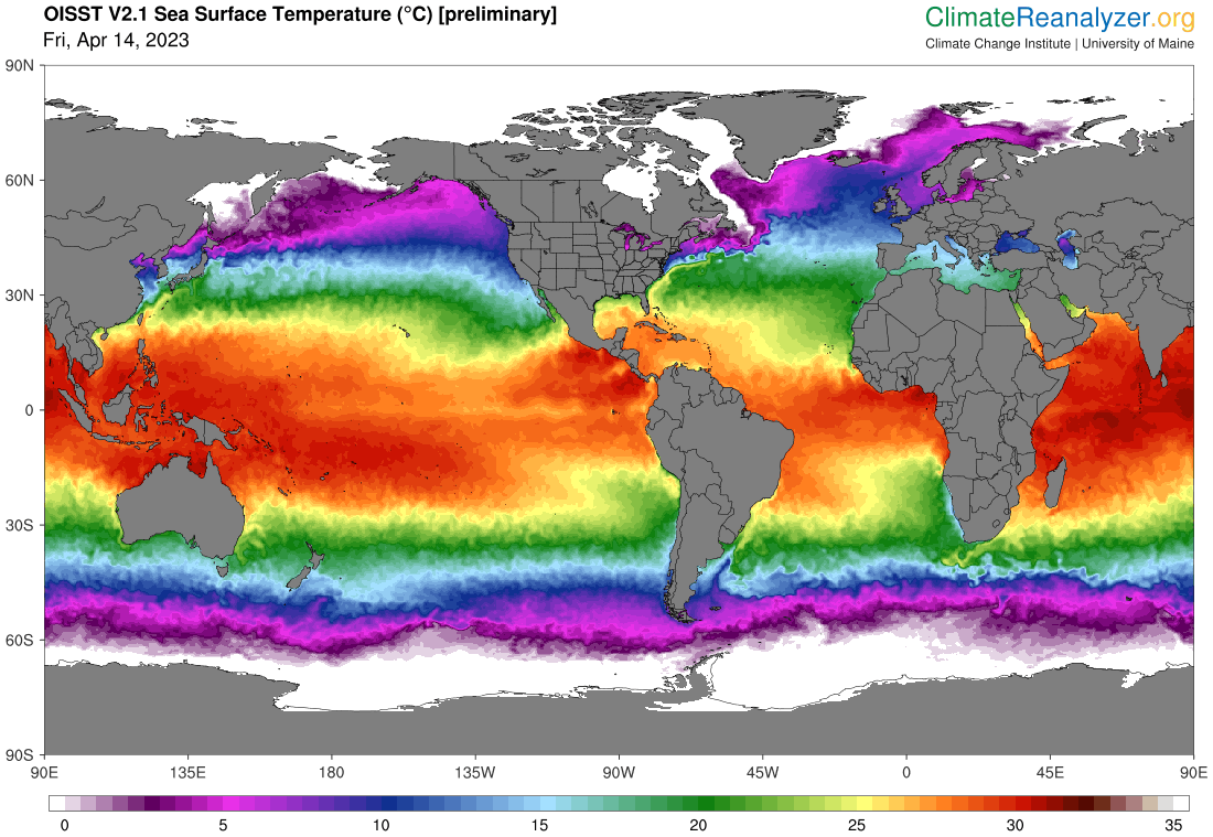 World map showing sea surface temperatures as of 14 April 2023, with warm colors indicating higher temperatures. Ocean surface temperatures hit an all-time high in April 2023, breaking every record since satellite measurements began in the 1980s. Graphic: ClimateReanalyzer.org