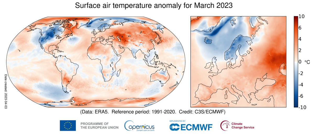 World map showing surface air temperature anomaly for March 2023 relative to the March average for the period 1991-2020. Data source: ERA5. Graphic: Copernicus Climate Change Service / ECMWF