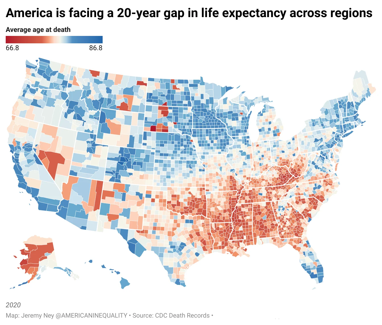 Average age at death in U.S. counties, 2020. Data: CDC Death Records. The U.S. is experiencing the greatest gap in life expectancy across regions in the last 40 years. Americans born in certain areas of Mississippi and Florida may die 20 years younger than their peers born in parts of Colorado and California. Graphic: Jeremy Ney / American Inequality