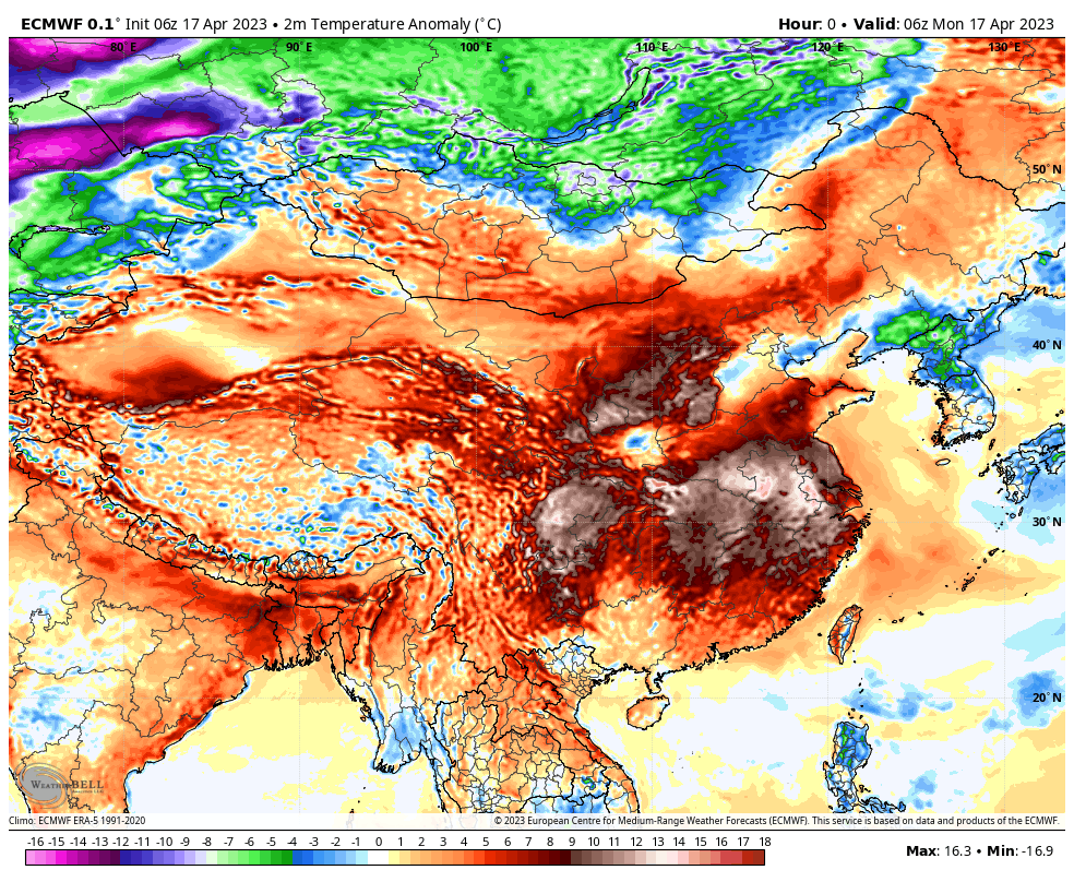 The European model shows temperatures across Southeast Asia rising well above normal on Monday, 17 April 2023. Numerous heat records were broken across Southeast Asia, China and other parts of the continent in mid-April, with Thailand in particular experiencing unusually extreme conditions. Weather historian Maximiliano Herrera described it as the “worst April heat wave in Asian history.” Graphic: WeatherBell.com