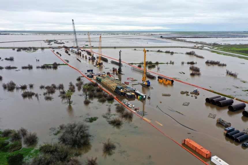 Construction equipment for the California High Speed Rail project surrounded by flooding in Tulare County near Allensworth, California, on 22 March 2023. Photo: Patrick T. Fallon / AFP / Getty Images