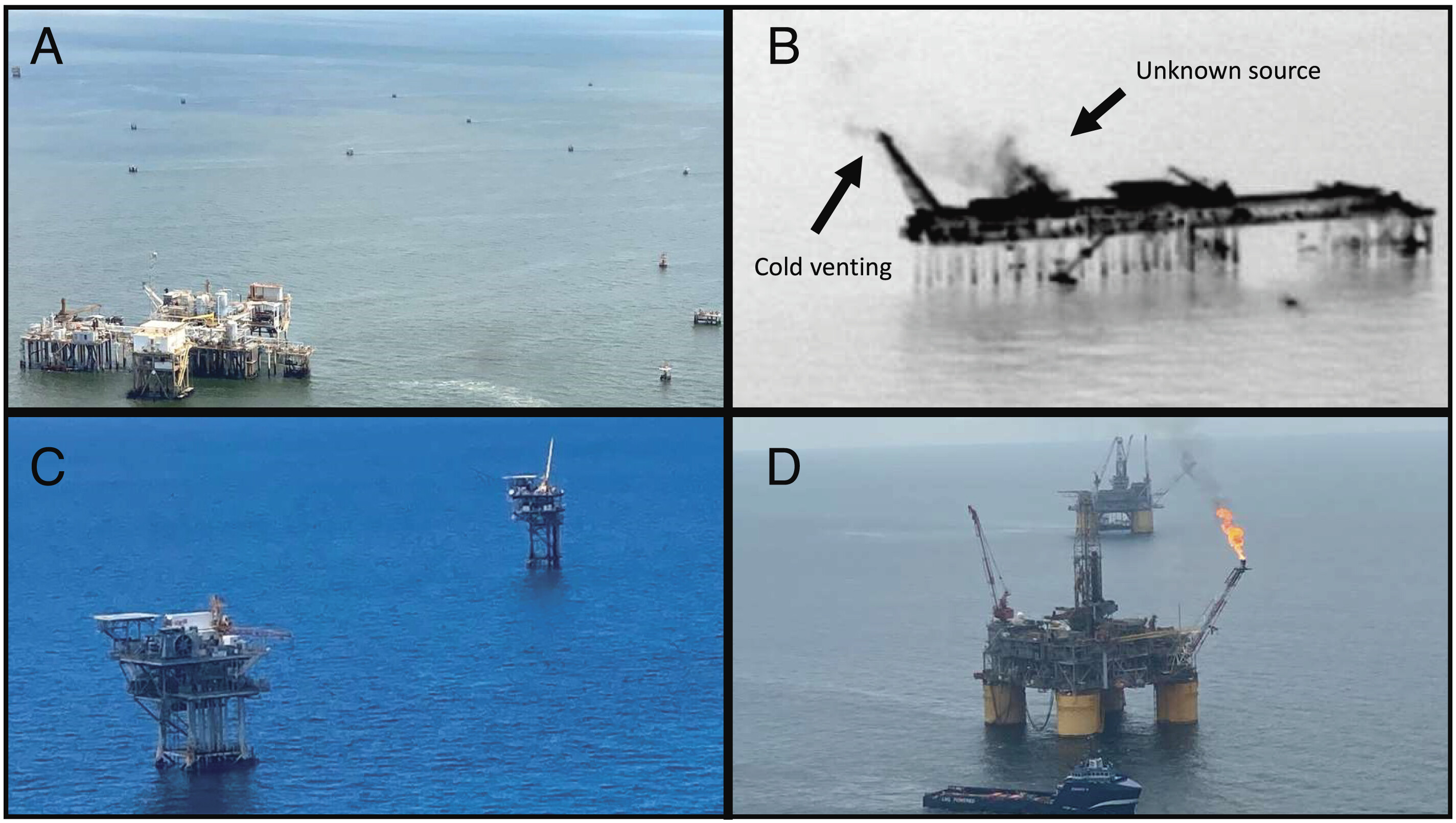 Images taken of offshore oil and gas production facilities. (A) Small satellite facilities around a central hub facility. (B) Forward-looking infrared (FLIR) camera imagery of hydrocarbon emissions from a central hub facility. Two sources are identified: cold venting and an unknown piece of equipment. (C) Other shallow water facilities. (D) Deep water facilities with flaring. Graphic: Negron, et al., 2023 / PNAS