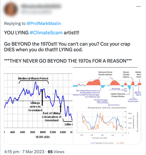 An abusive tweet from a climate science denialist on 7 March 2023 directed at academic Mark Maslin, Professor of Earth System Sciences at University College London. Graphic: Global Witness / Twitter
