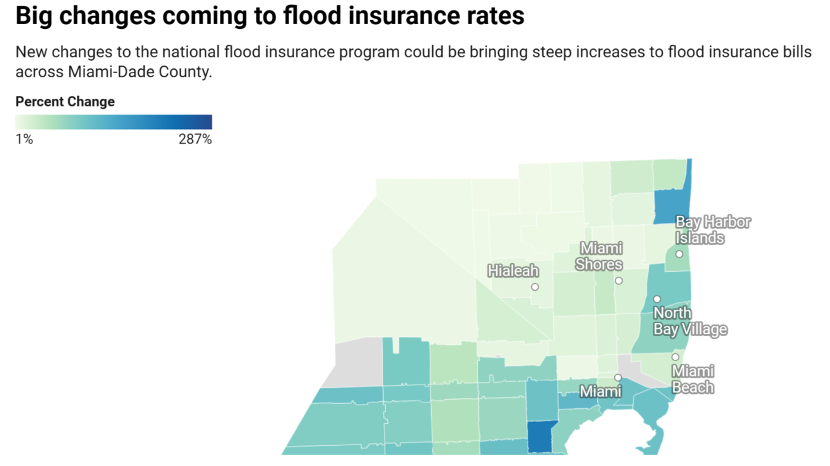 Changes in flood insurance rates in Miami-Dade County, Florida. Data: FEMA. Graphic: WUSF