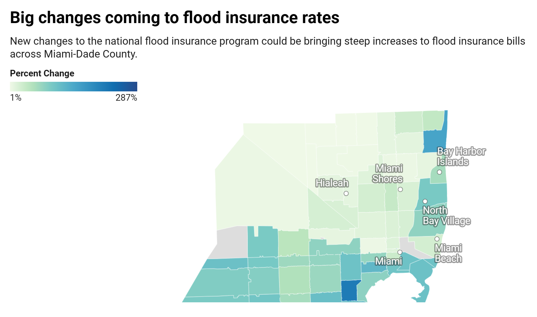 Changes in flood insurance rates in Miami-Dade County, Florida. Data: FEMA. Graphic: WUSF