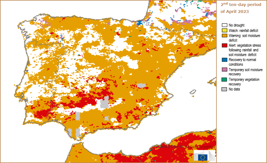 Map showing the Combined Drought Indicator for the Iberian Peninsula during the second ten-day period in April 2023. CDI is based on SPI, soil moisture and fAPAR. April 2023 was Spain’s hottest and driest April on record. Graphic: EU Copernicus / European Drought Observatory