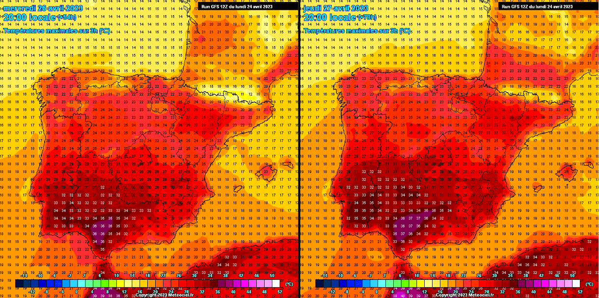 Map showing the surface temperatures for the Iberian Peninsula on 26 April 2023 and 27 April 2023. Graphic: Meteociel.fr