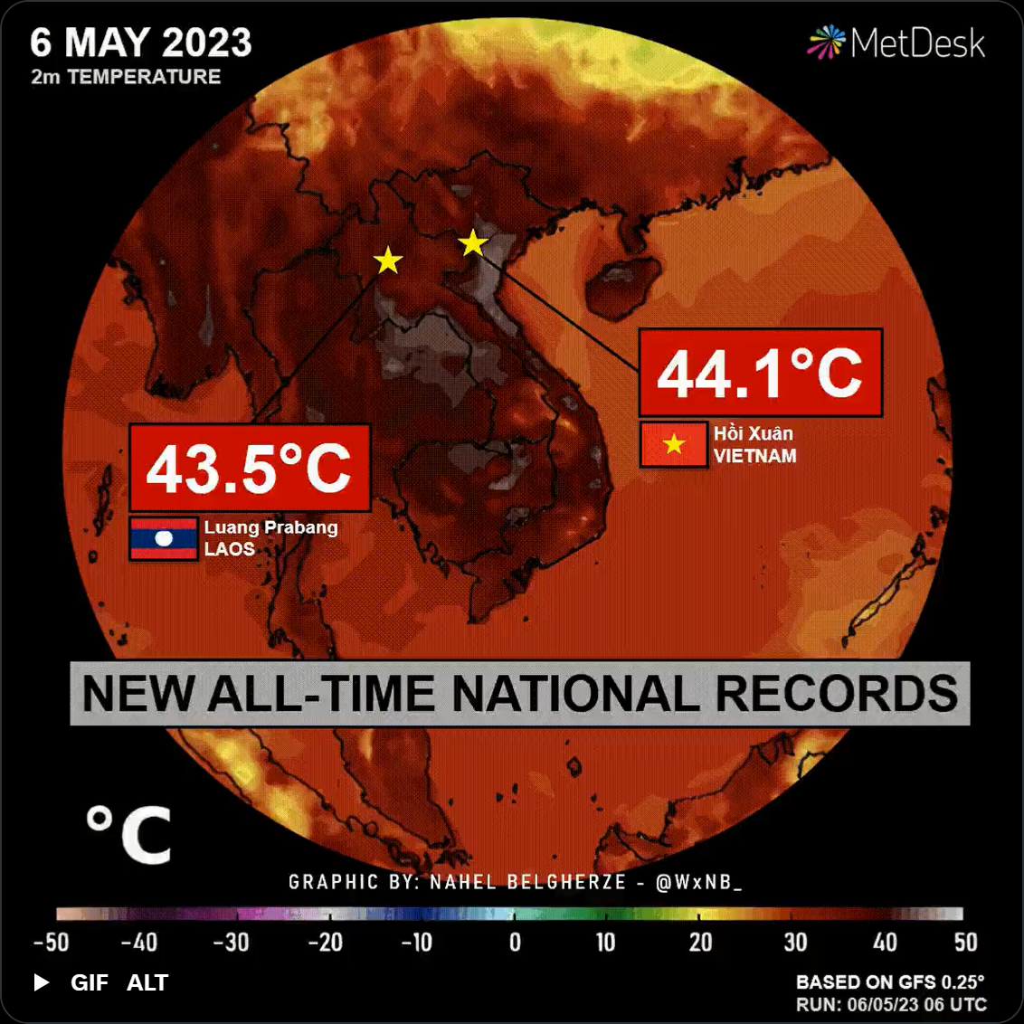 Map showing surface temperatures in Southeast Asia on 6 May 2023. Laos and Vietnam both experienced record-breaking temperatures. Graphic: MetDesk