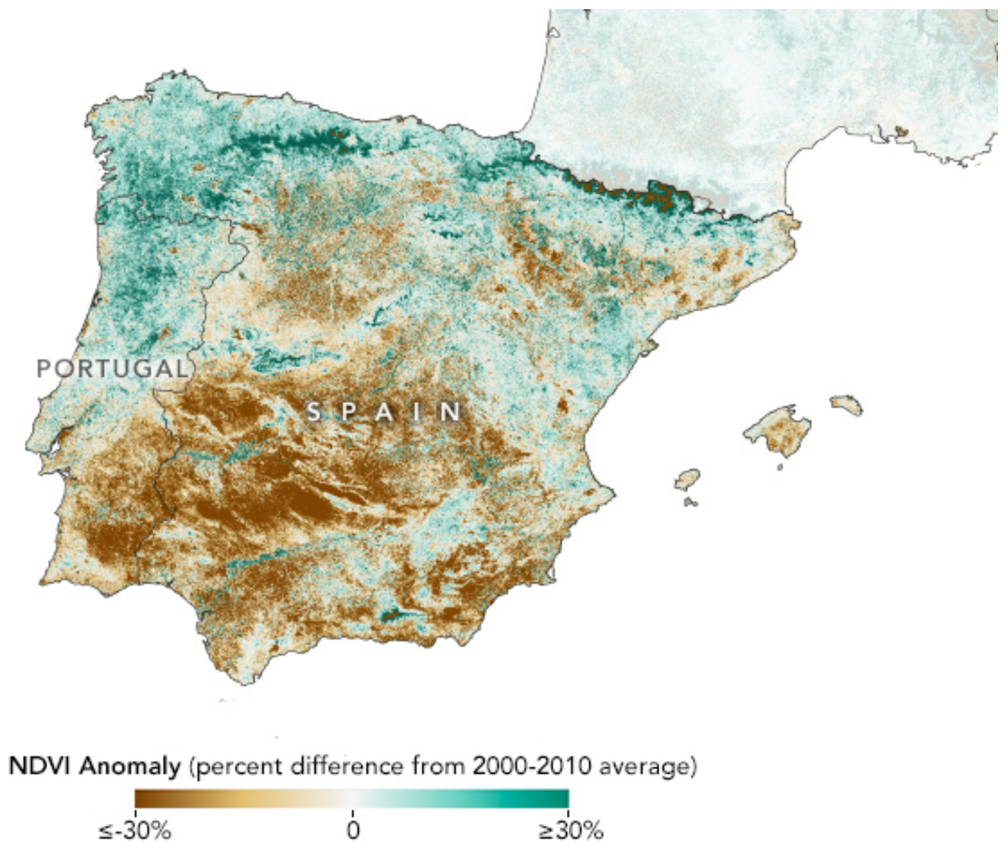 This map indicates where vegetation on the Iberian Peninsula was less healthy than usual (brown) in spring 2023. It shows anomalies in the Normalized Difference Vegetation Index (NDVI)—a satellite-derived product used to assess vegetation conditions. NDVI depicts the health, or “greenness,” of vegetation based on how much red and near-infrared light the leaves reflect. Healthy vegetation reflects more infrared light and less visible light than stressed vegetation. This map, which uses MODIS data from NASA’s Terra satellite, compares NDVI from March 25 to April 23, 2023, with the longer-term average (2000–2010) for that period. Notice that southern Spain—a key agricultural region—is especially brown in the map above. The Andalusia region in southern Spain is the largest olive oil producing region in the world. As of May 19, the Córdoba airport had only received about 30 percent of expected rainfall, compared to the 1981–2010 average. Graphic: Allison Nussbaum / NASA Earth Observatory