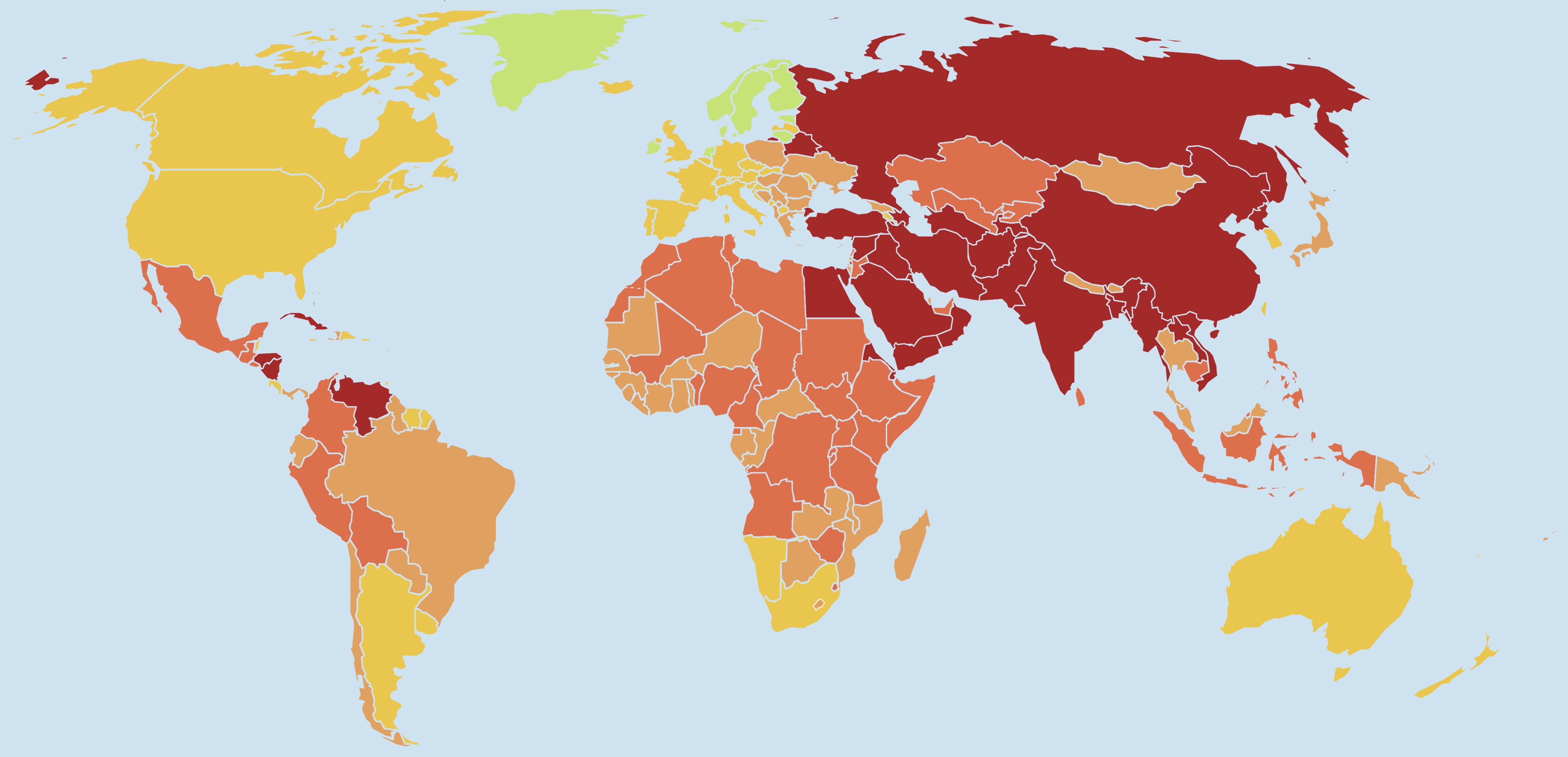 World map showing the 2023 Press Freedom Index per nation. In 2023, the United States (45th) fell three places. The Index questionnaire’s U.S. respondents were negative about the environment for journalists (especially the legal framework at the local level, and widespread violence) despite the Biden administration’s efforts. The situation went from “problematic” to “very bad” in three other countries: Tajikistan (down 1 at 153rd), India (down 11 at 161st), and Turkey (down 16 at 165th). In India, media takeovers by oligarchs close to Prime Minister Modi  jeopardised pluralism, while the Erdogan administration in Turkey stepped up its persecution of journalists in the run-up to elections scheduled for 14 May. In Iran (177th), the heavy-handed crackdown on the protests triggered by the young student Mahsa Amini’s death in police custody drove the country’s “social context” and “judicial environment” scores even lower. Some of the 2023 Index’s biggest falls were in Africa. Until recently a regional model, Senegal (104th) fell 31 places, above all because of the criminal charges brought against two journalists, Pape Alé Niang and Pape Ndiaye, and the sharp decline in security for media personnel. In the Maghreb, Tunisia (121st) fell 27 places as a result of President Kais Saied’s growing authoritarianism and inability to tolerate media criticism. In Latin America, Peru (110th) plummeted 33 places because its journalists were paying dearly for the persistent political instability and were being harassed, attacked and smeared because of their proximity to leading politicians. The fall by Haiti (down 29 at 99th) was also due mainly to the continuing decline in the security environment. Graphic: RSF