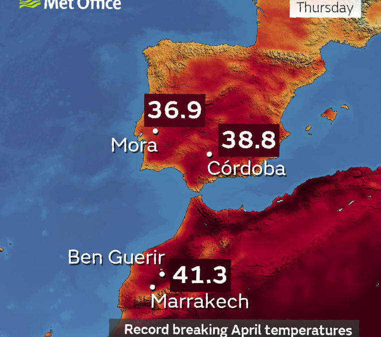 During the last week of April 2023, temperatures in parts of Spain, Portugal, Morocco and Algeria were up to 20°C higher than normal for the time of year. Graphic: Met Office
