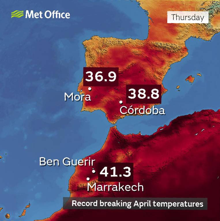 During the last week of April 2023, temperatures in parts of Spain, Portugal, Morocco and Algeria were up to 20°C higher than normal for the time of year. Graphic: Met Office
