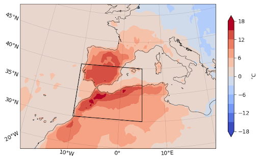 ERA5-extended maximum daily temperature anomaly in the Southwestern Europe and Northern Africa with respect to 1991-2020 averaged over 26-28 April 2023. The black box outlines the study area. Graphic: WMO
