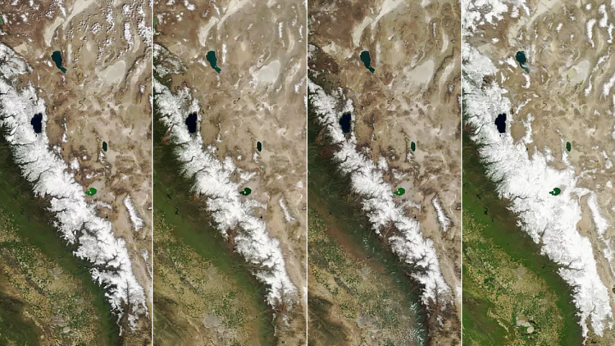 Satellite view of end-of-winter snowpack levels in the Sierra Nevada mountain range from 2020 through 2023. The snowpack in 2023 was one of the biggest in recorded history. Photo: NASA