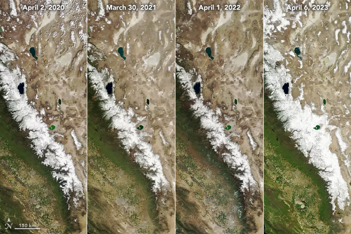 Satellite view of end-of-winter snowpack levels in the Sierra Nevada mountain range from 2020 through 2023. The snowpack in 2023 was one of the biggest in recorded history. Photo: NASA