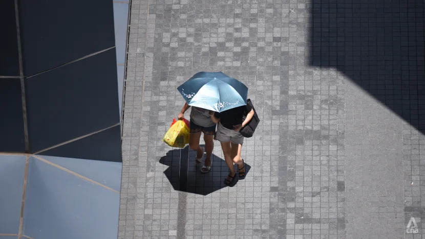 Two people shield themselves from the sun under an umbrella in Clementi, Singapore during a heatwave in April 2023. Photo: Gaya Chandramohan / CNA