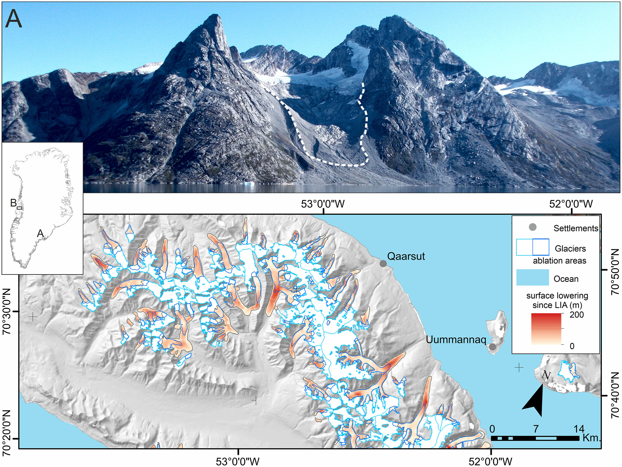 (a) Example from Tasiilaq Fjord of prominent moraine ridges (dotted line) that mark the extent of a small glacier during the Little Ice Age (LIA) termination. (b) Example of LIA glacier extent mapping and semi-automated derivation of elevation changes in LIA ablation areas for the Uummannaq region of west Greenland. Graphic: Carrivick, et al., 2023 / Geophysical Research Letters 