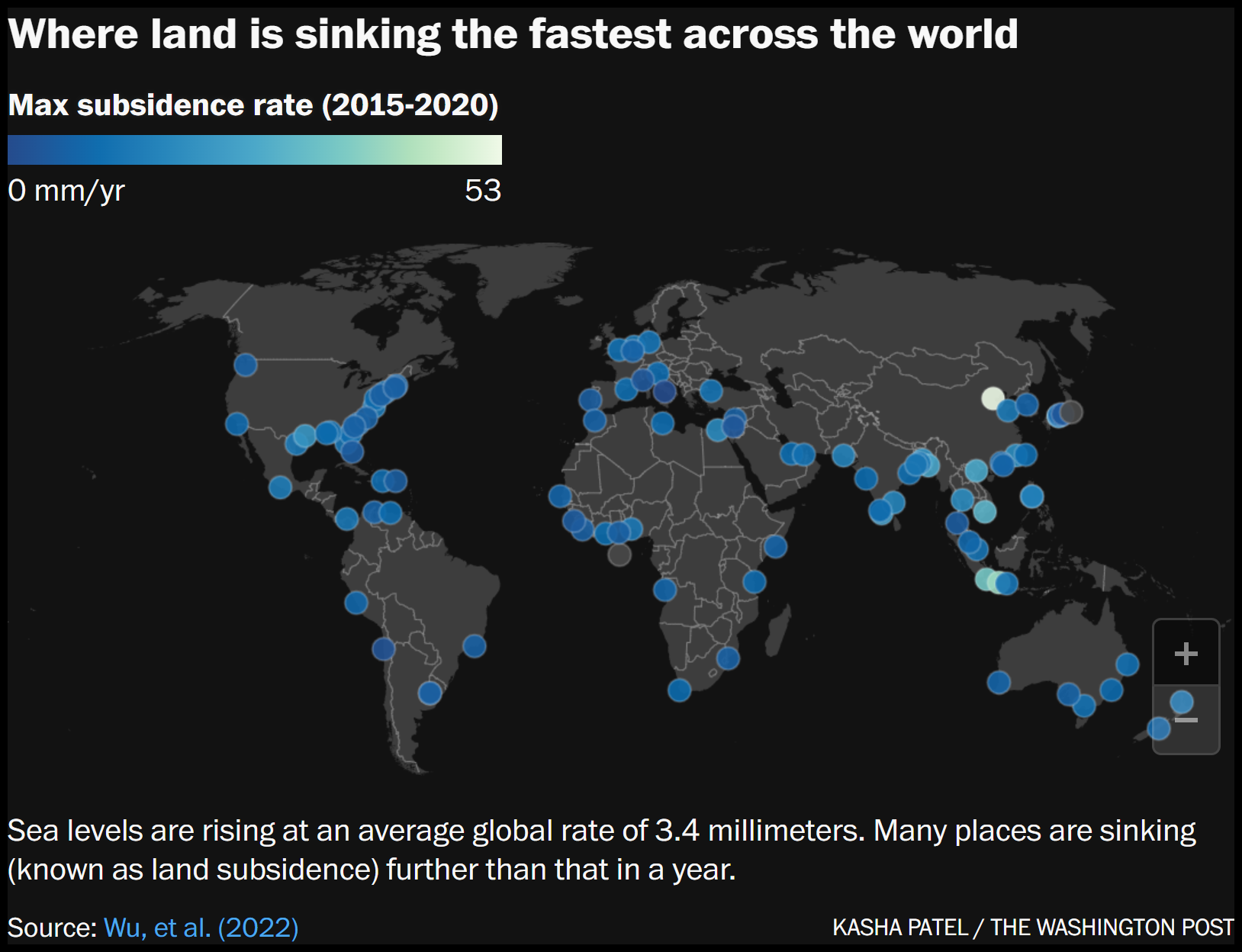 Map showing maximum land subsidence rates around the world, 2015-2020. Sea levels are rising at an average global rate of 3.4 millimeters. Many places are sinking (known as land subsidence) further than that in a year. Data: Wu, et al., 2022. Graphic: Kasha Patel / The Washington Post